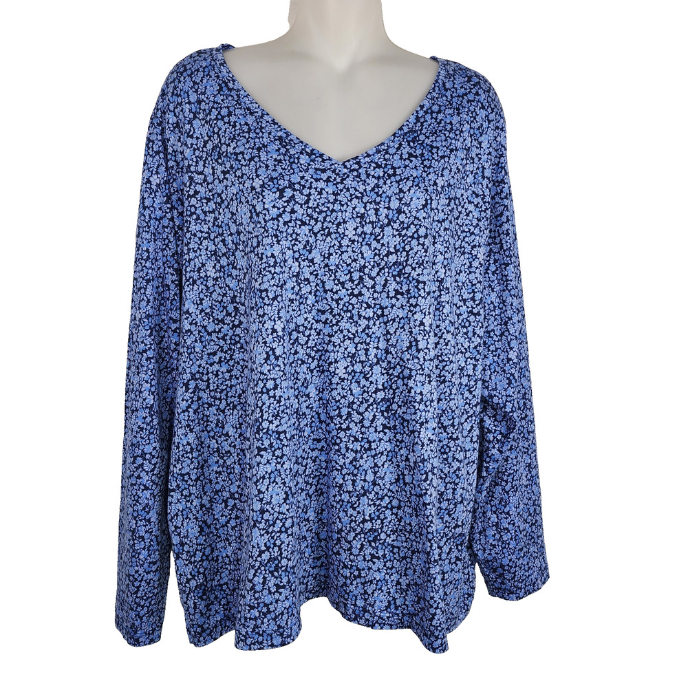 Lands End Womens Top 2X 20W/22W Blue Relaxed Fit Supima Cotton Tee V Neck Knit